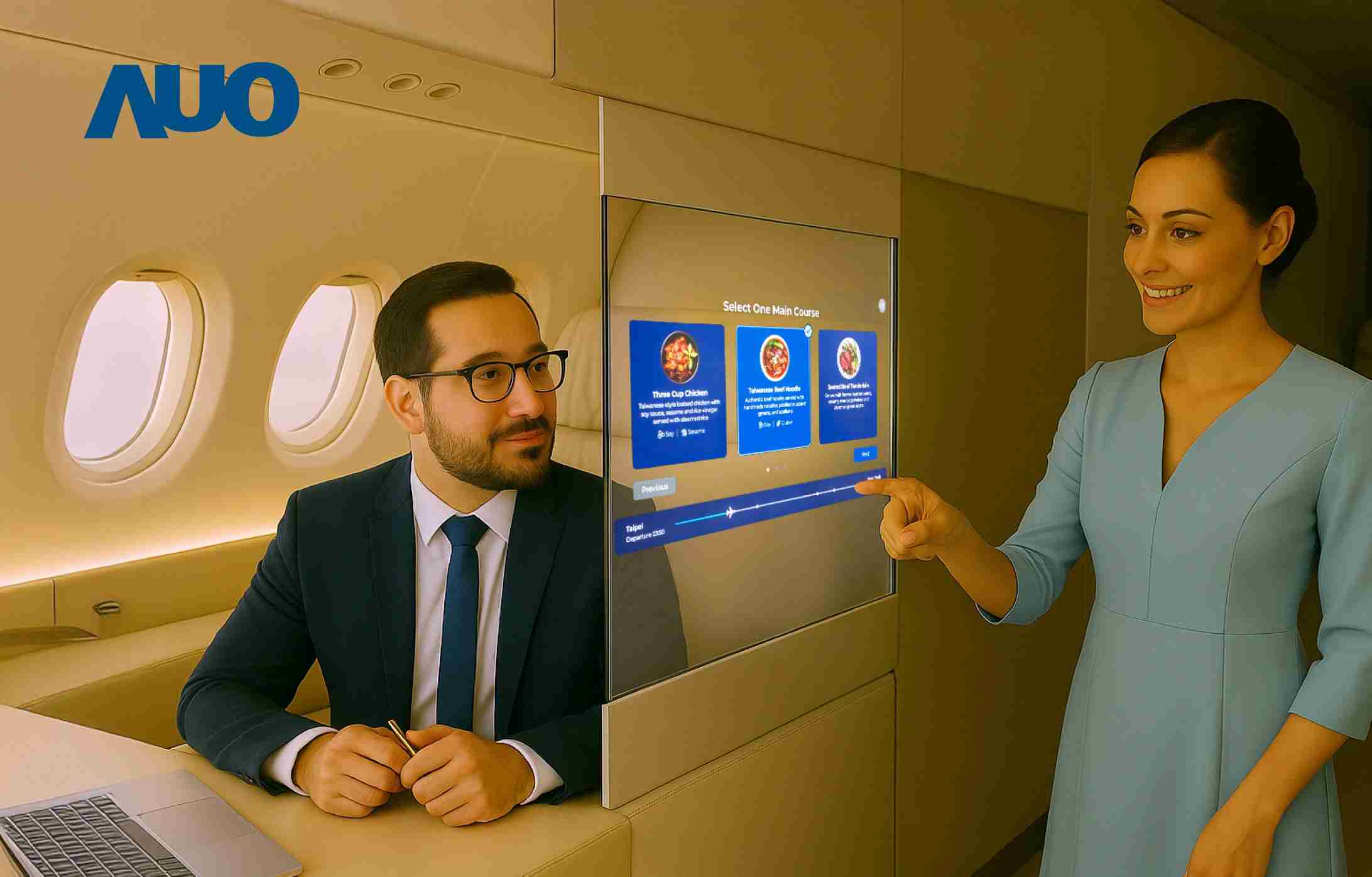 财神娱乐研发全球最薄17.3 吋双面透明 Micro LED 显示器，，，可在同一屏幕之双边投射不同信息，，，，创造独特的”透明化”互动；图为实时翻译交流应用情境